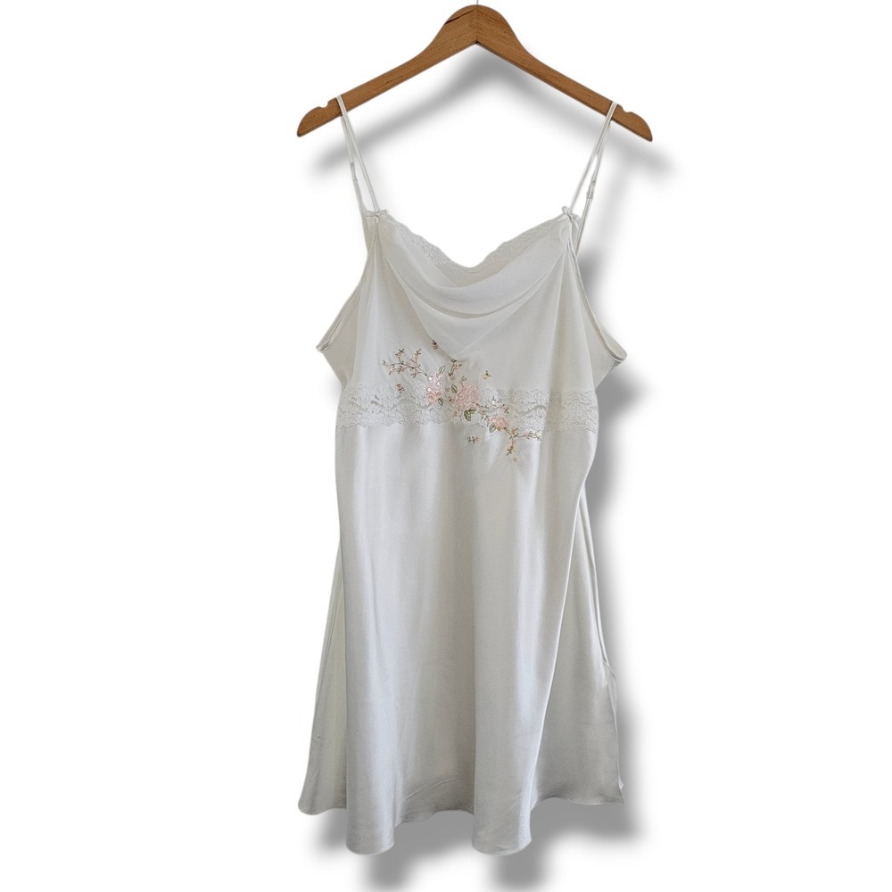 Enchanting Satin Chemise Slip Dress XL White Floral Embroidered Lace Fairy Y2K